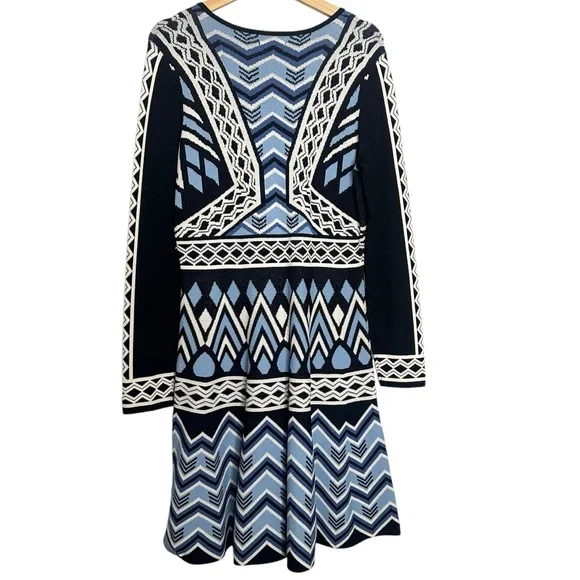 Eliza J Jacquard Flare Sweater Geometric Knit Dress Size Large - Picture 8 of 10
